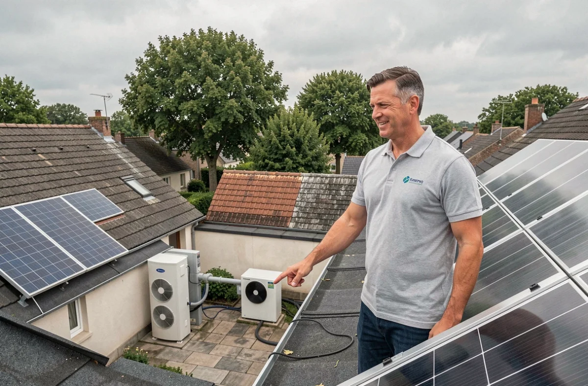 Consultant d'Optimisation Habitat Energie présentant une installation combinant panneaux solaires et pompe à chaleur dans le Calvados