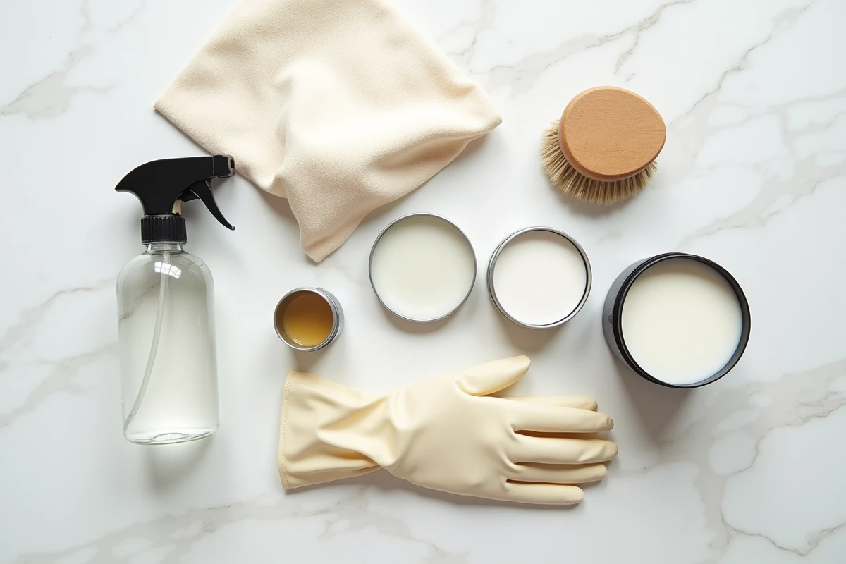 Mise à plat des outils et produits nécessaires pour nettoyer et traiter le cuir moisi durablement