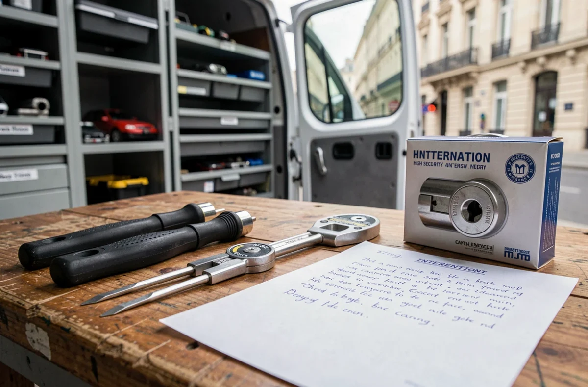 Outils professionnels de serrurier et fiche d'intervention posés sur un établi, van de serrurier en arrière-plan à Paris