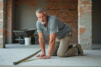 Ouvrier en travaux mesurant un sol en béton brut