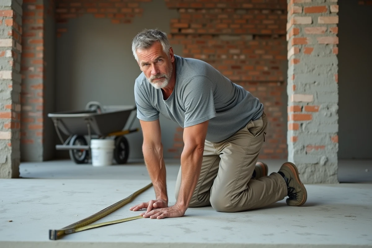 Ouvrier en travaux mesurant un sol en béton brut