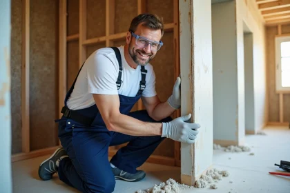 Ouvrier moyen âge posant une plaque de plâtre sur un mur en construction