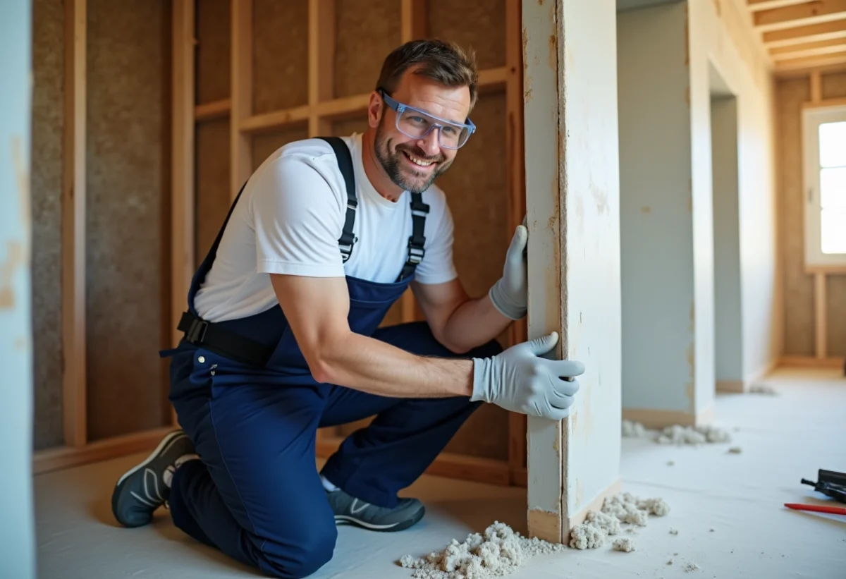 Ouvrier moyen âge posant une plaque de plâtre sur un mur en construction