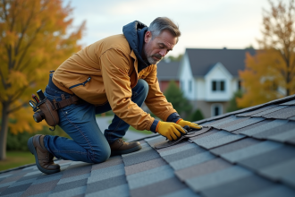 Ouvrier couvreur d'âge moyen sur le toit en train de retirer des tuiles