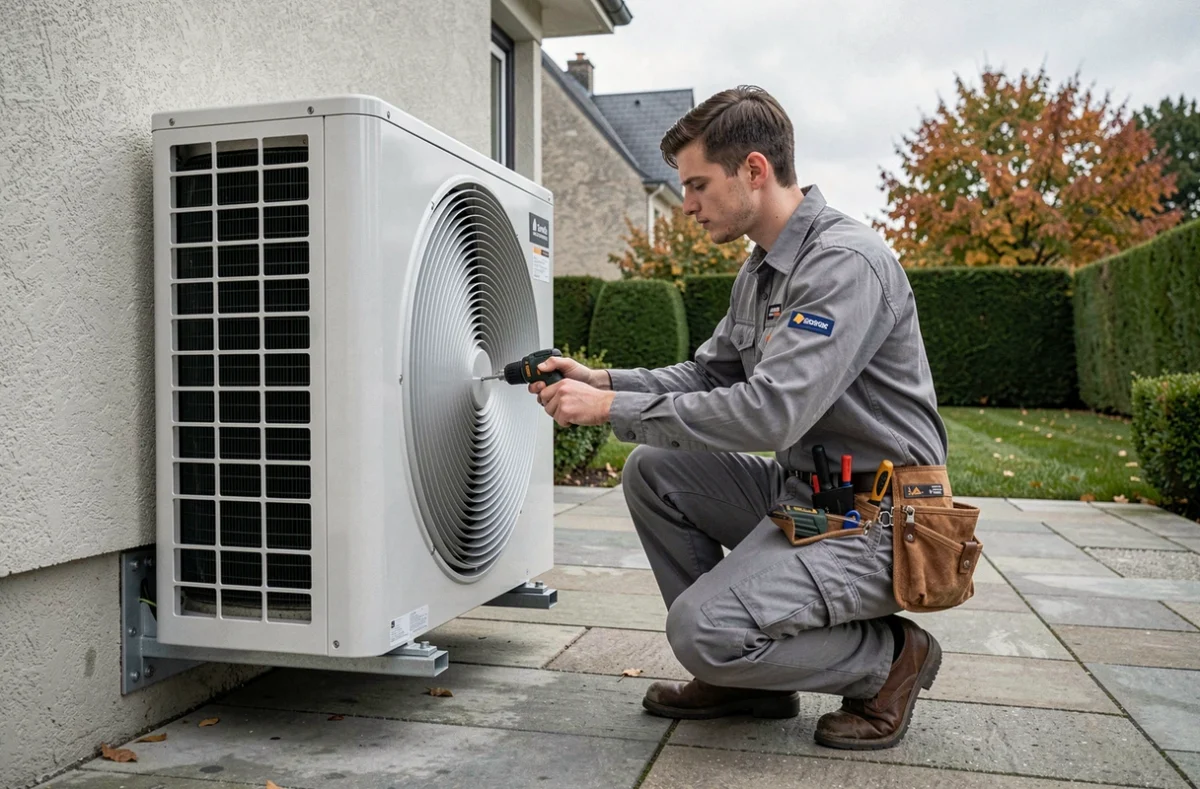 Installateur de Pag réalisant l'entretien d'une pompe à chaleur sur une maison de la périphérie de Caen