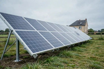 Panneaux photovoltaïques au sol installés dans un jardin résidentiel en campagne française avec structure de montage en acier galvanisé