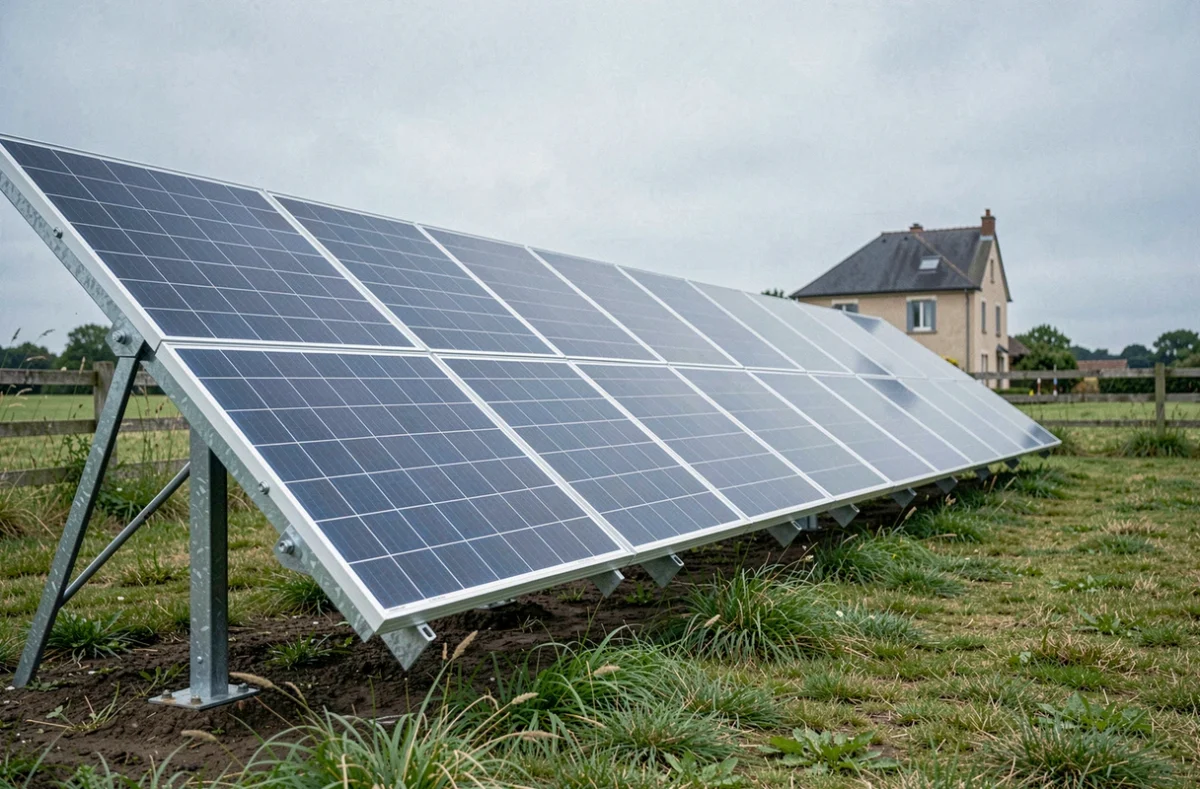 Panneaux photovoltaïques au sol installés dans un jardin résidentiel en campagne française avec structure de montage en acier galvanisé