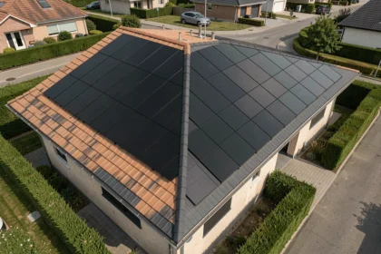 Toiture résidentielle moderne recouverte de panneaux solaires full black intégrés harmonieusement sur des tuiles grises
