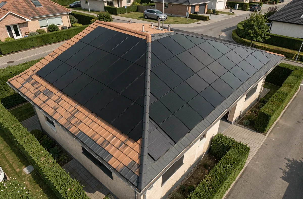 Toiture résidentielle moderne recouverte de panneaux solaires full black intégrés harmonieusement sur des tuiles grises