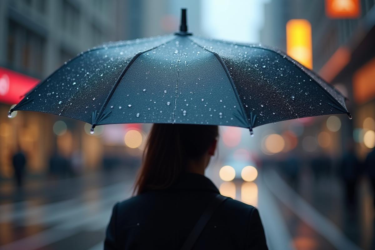 Zoom sur un parapluie moderne en polymer avec gouttes d'eau