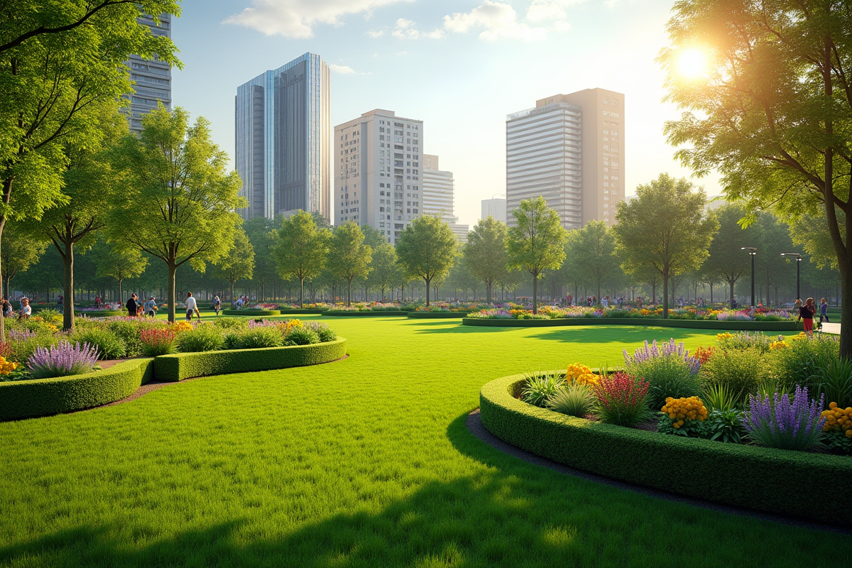 Parc urbain moderne avec pelouse et arbres jeunes