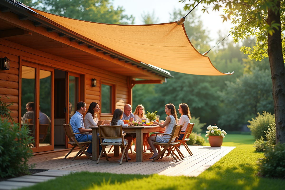 Coin repas sous voile en tissu dans un patio ensoleille