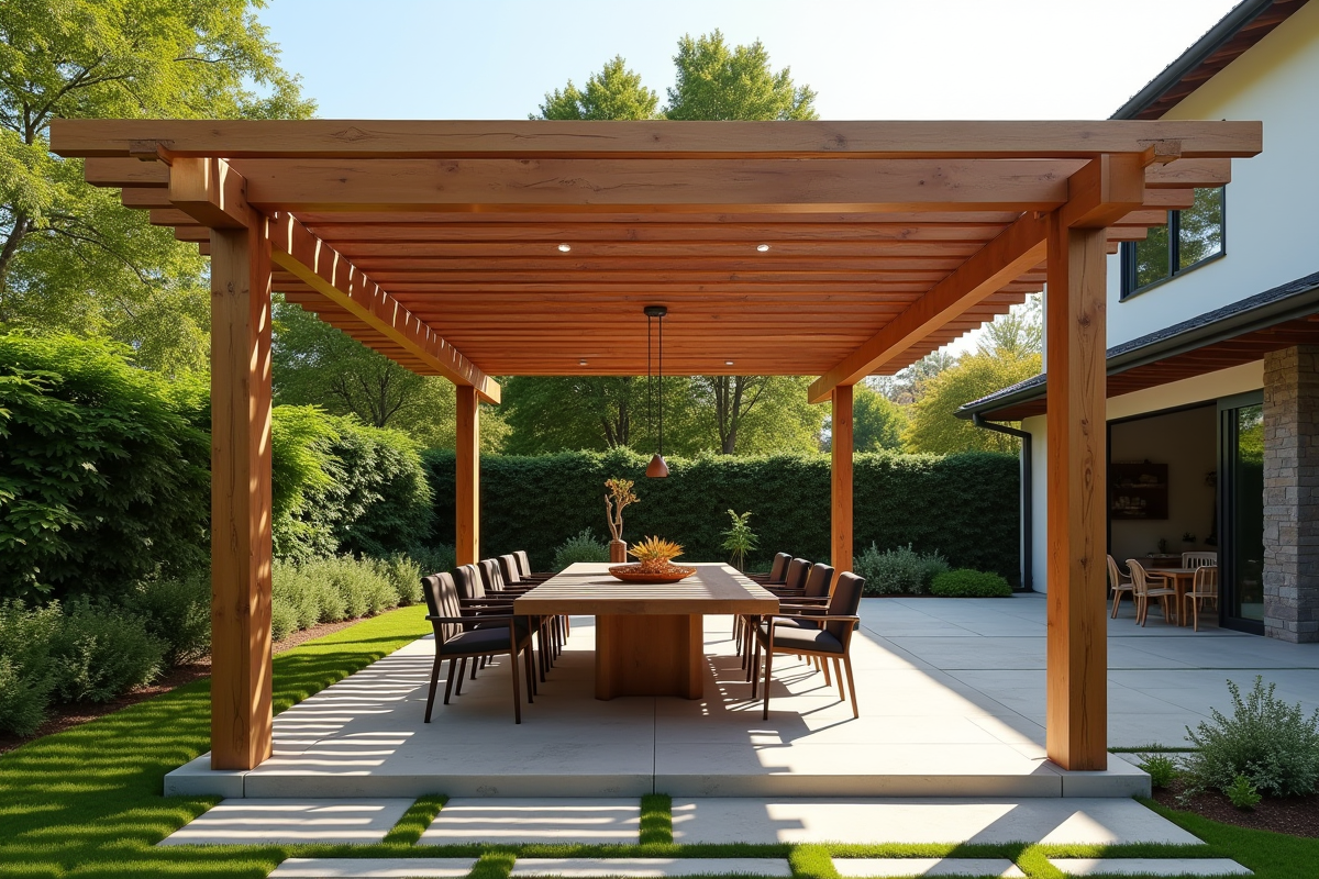 Pergola moderne dans un jardin spacieux pour repas en plein air