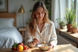 Jeune femme en pyjama préparant un bol de fruits au matin