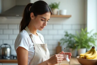 Femme dans une cuisine moderne préparant un piège maison au vinaigre de cidre pour éliminer les moucherons