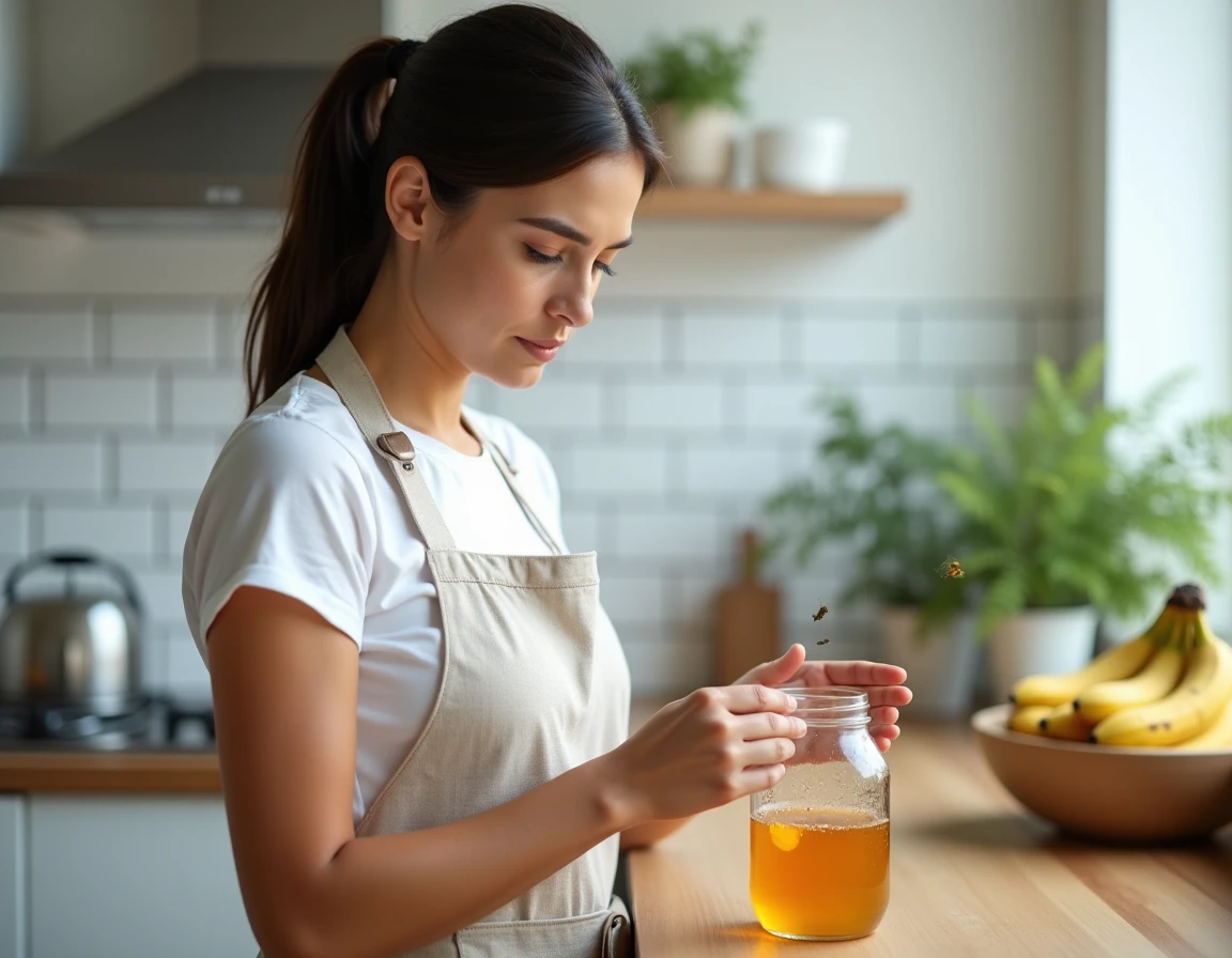 Femme dans une cuisine moderne préparant un piège maison au vinaigre de cidre pour éliminer les moucherons