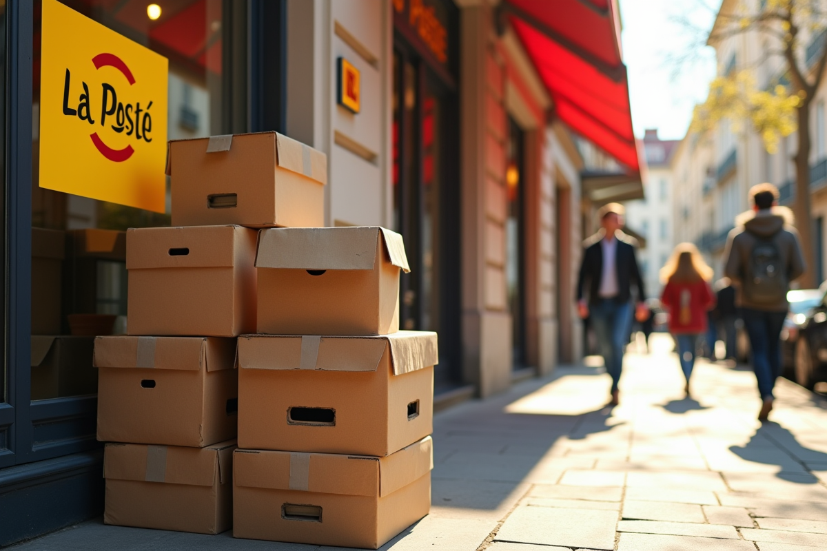 Pile de cartons gratuits devant une poste française avec logo jaune La Poste