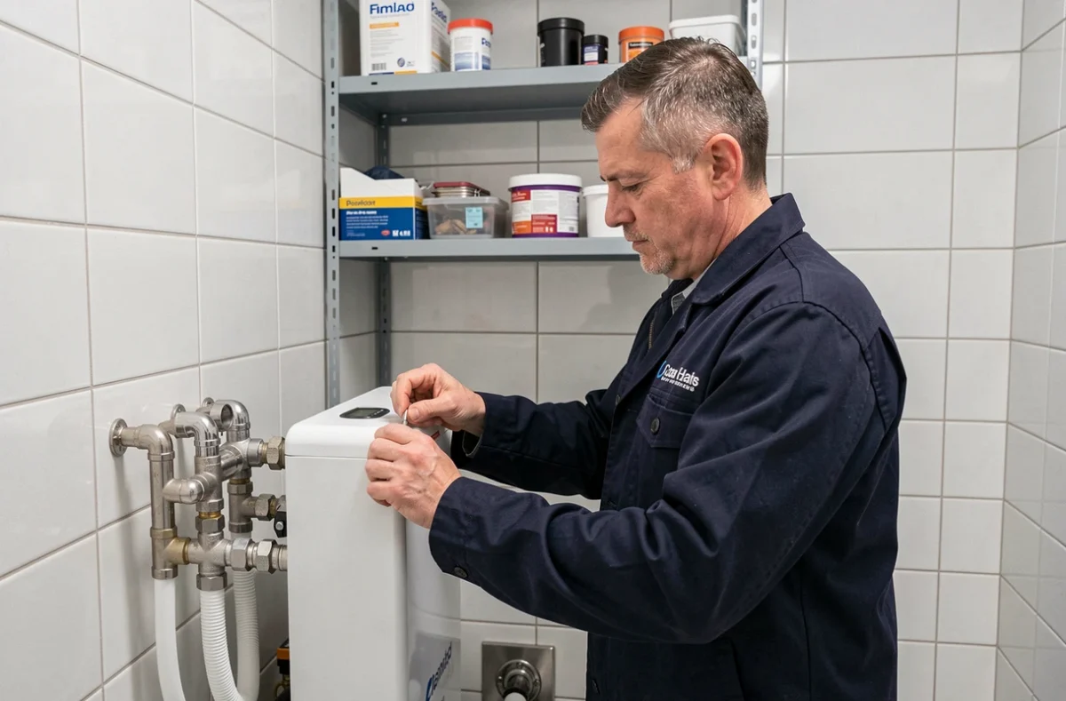 Expert de Piquot en chauffage et plomberie travaillant sur une installation de pompe à chaleur dans le Calvados