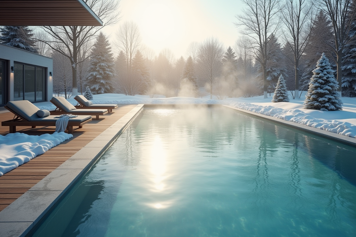 Piscine extérieure chauffée en hiver avec vapeur et neige