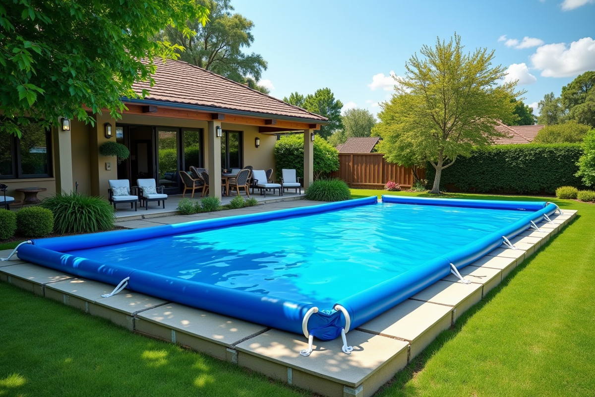 Piscine hors sol dans un jardin ensoleille avec mobilier vert