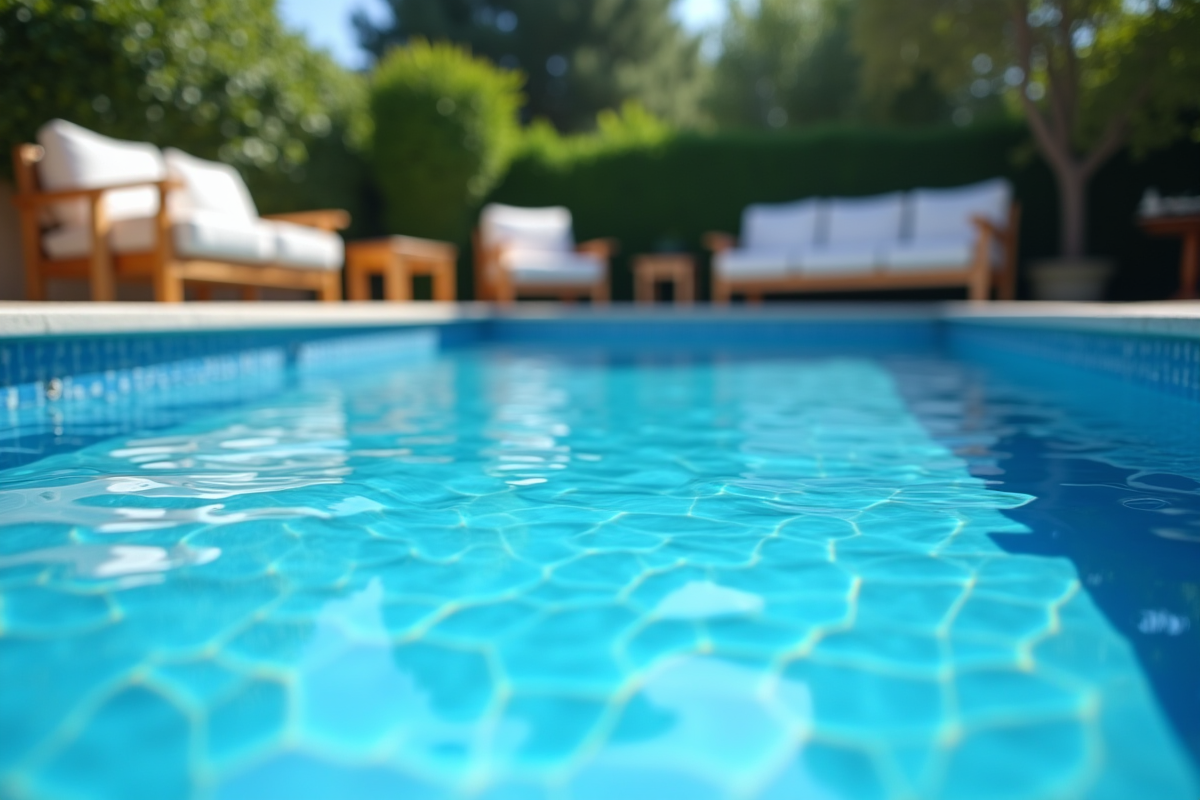 Piscine avec liner bleu dans le jardin en plein jour