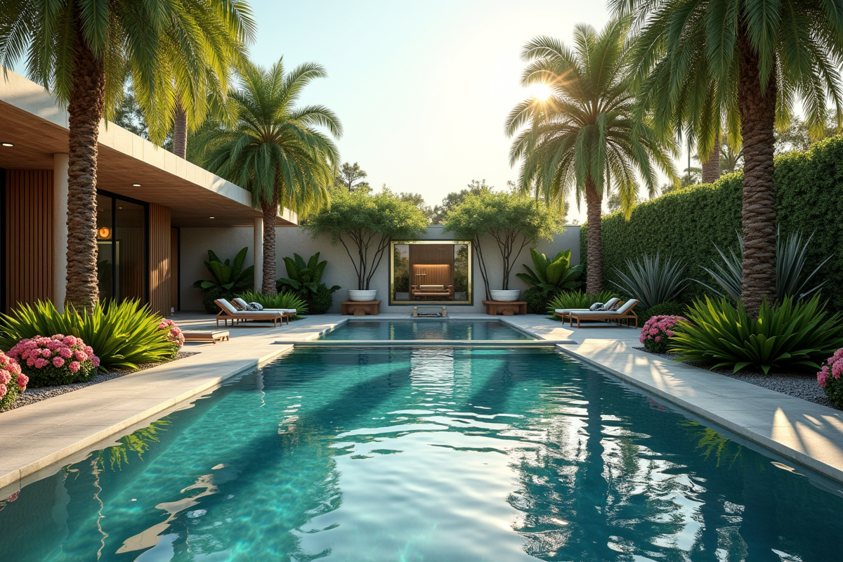 Piscine moderne luxueuse entourée d'un jardin verdoyant