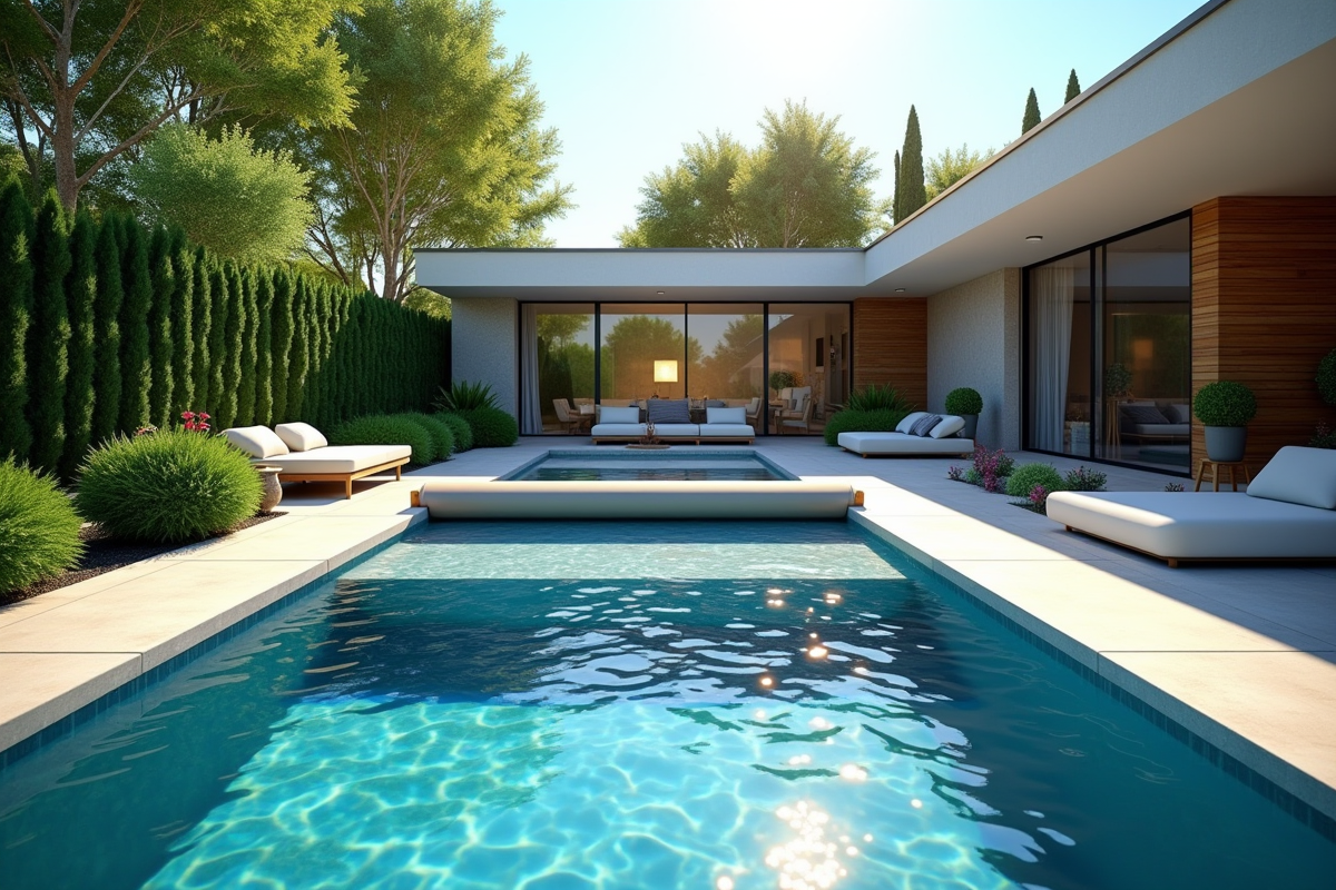 Piscine moderne dans un jardin avec couverture automatique