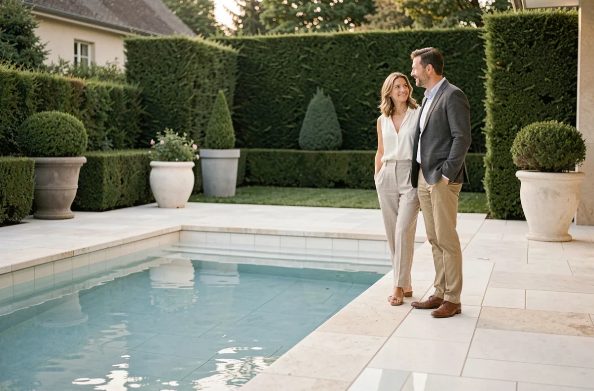 Piscine à débordement haut de gamme Piscinelle dans une villa lyonnaise avec terrasse en pierre et couple élégant