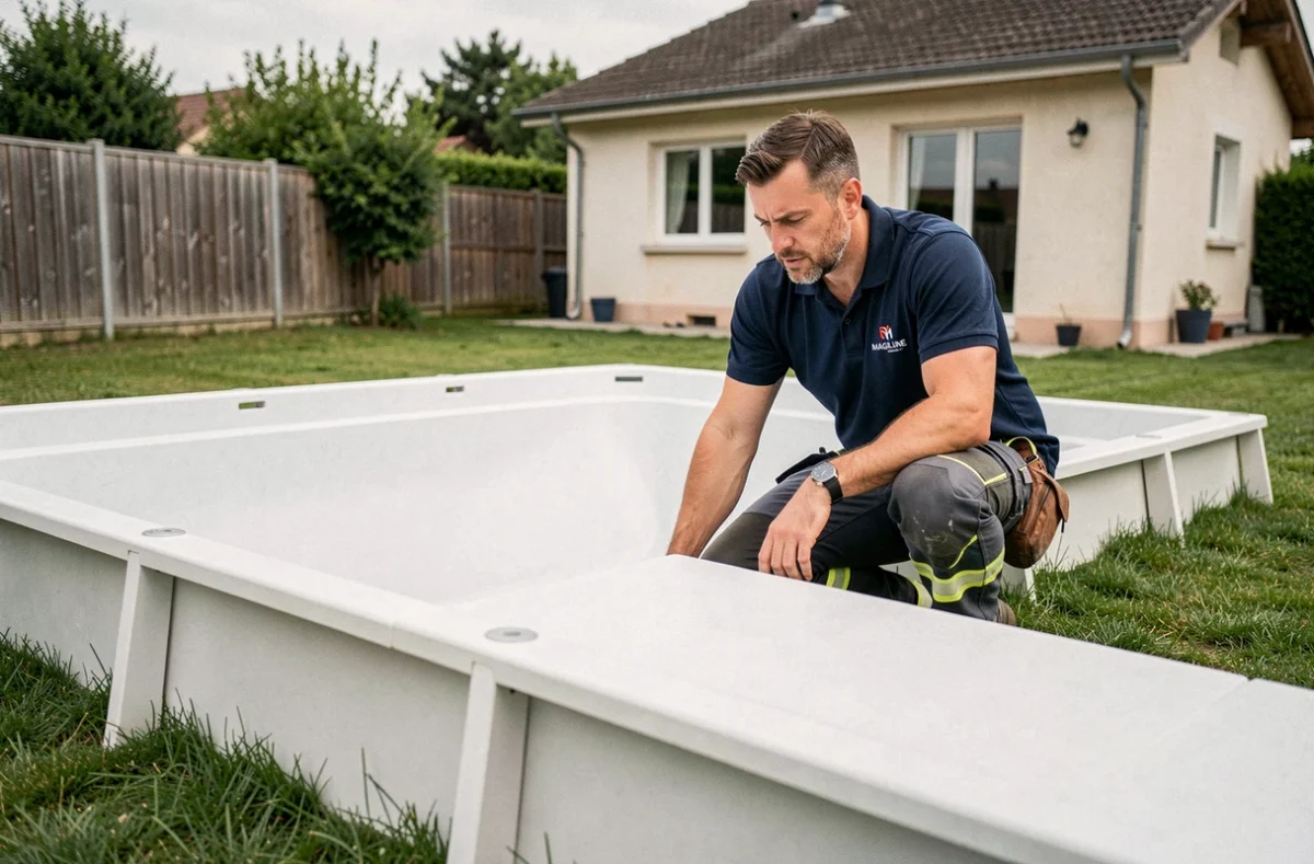 Technicien Magiline inspectant une piscine modulaire installée dans un jardin résidentiel en Auvergne-Rhône-Alpes