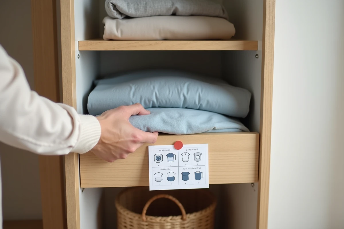 Placard organis&eacute; avec une carte de r&eacute;f&eacute;rence des pictogrammes lessive affich&eacute;e sur la porte int&eacute;rieure