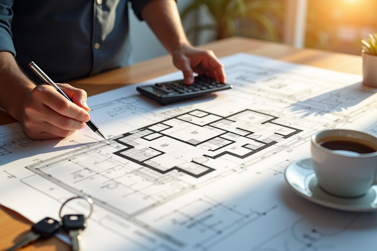 Plan architectural avec calculatrice et croquis
