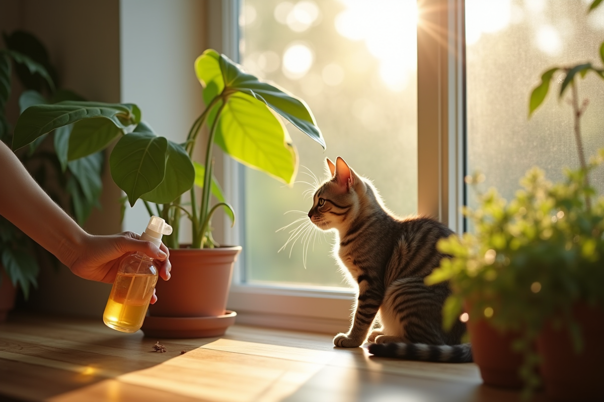 Plante d intérieur fanée avec chat curieux près de la fenêtre