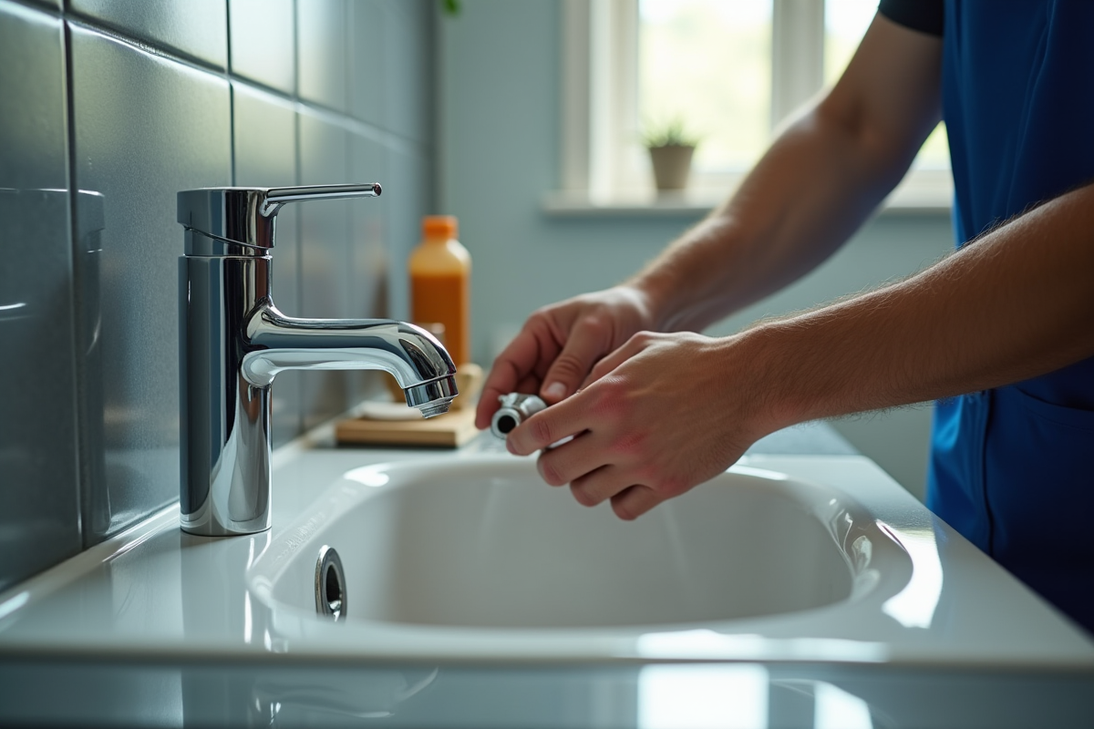 Détail des mains de plombier travaillant sous un lavabo