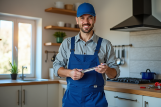 Plombier confiant en tenue bleue dans une cuisine moderne