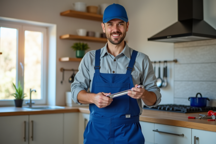 Plombier confiant en tenue bleue dans une cuisine moderne