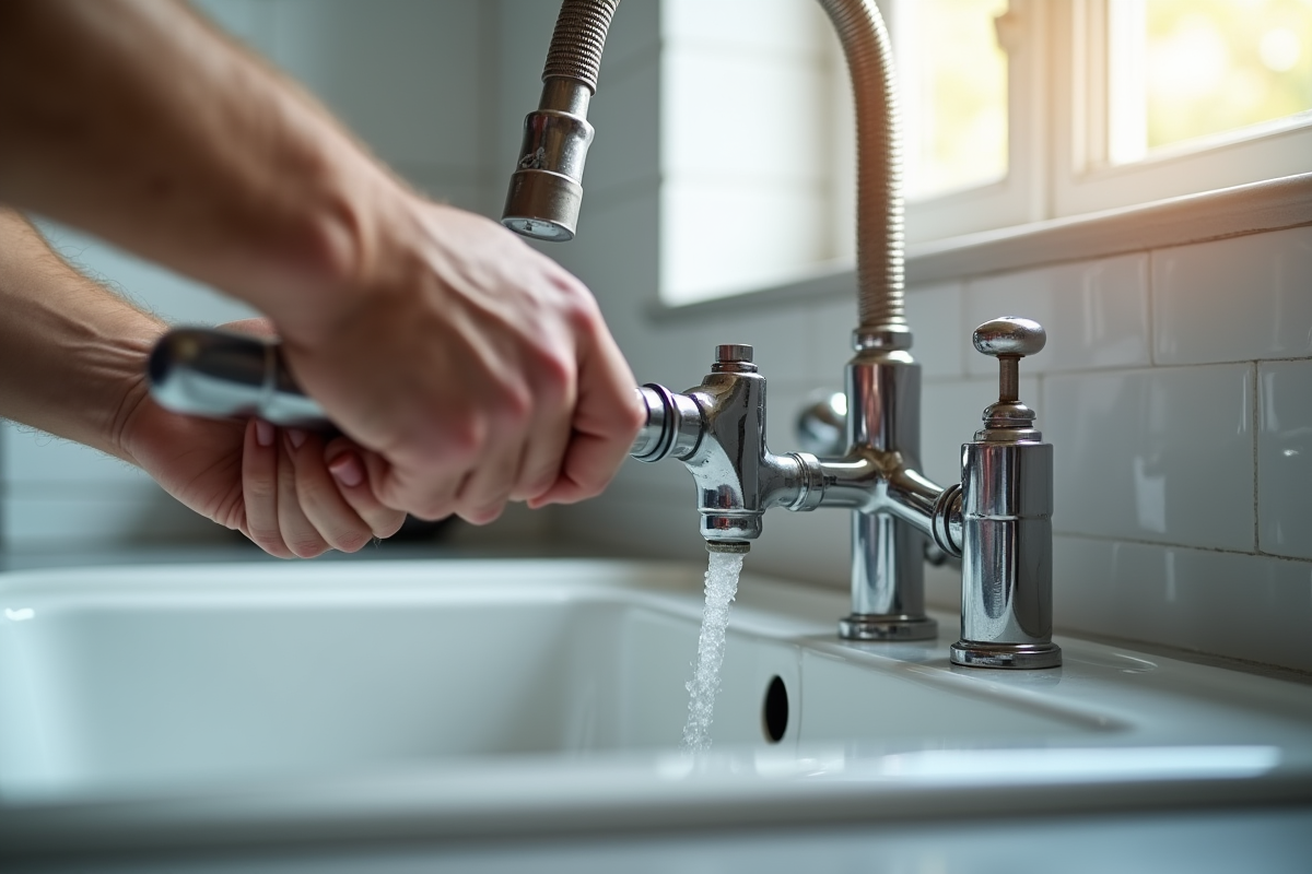 Mains de plombier serrant un siphon sous l'évier de cuisine
