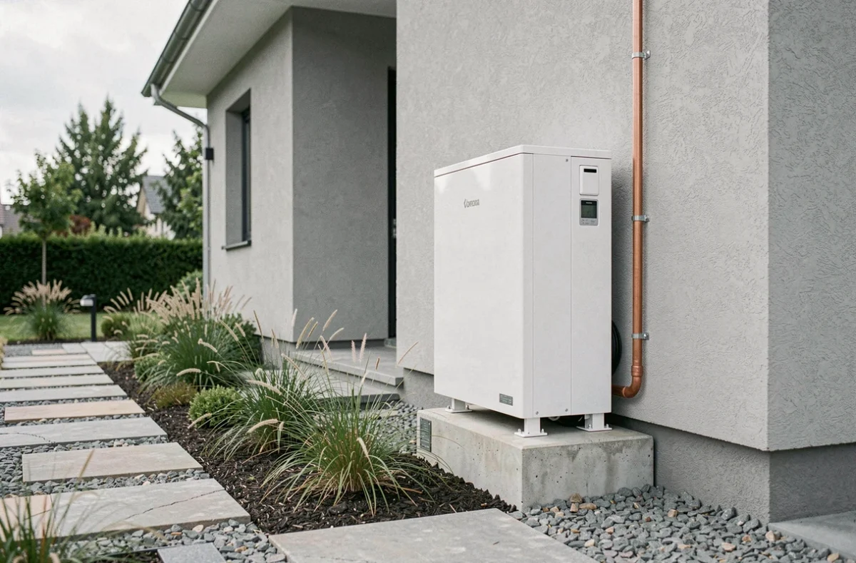 Pompe à chaleur air-eau installée sur la facade extérieure d'une maison contemporaine avec jardin soigné
