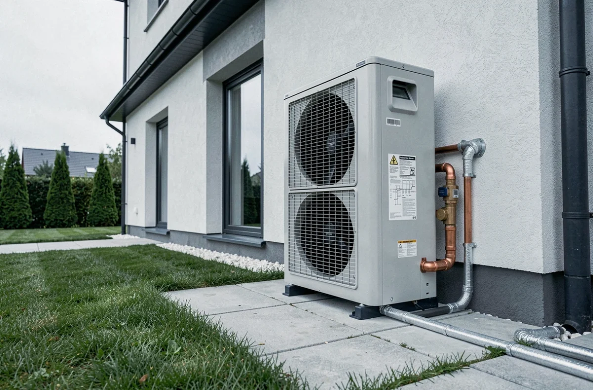 Pompe à chaleur air-eau neuve installée sur la façade extérieure d'une maison individuelle moderne