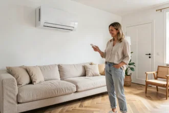 Femme réglant une pompe à chaleur air-air Atlantic murale dans un salon moderne et épuré