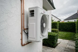 Pompe à chaleur LG installée sur la façade extérieure d'une maison contemporaine française avec jardin