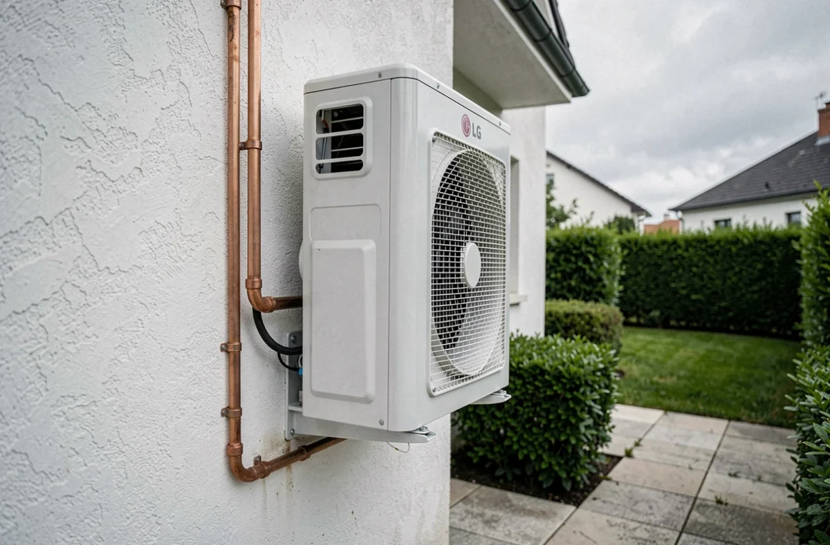 Pompe à chaleur LG installée sur la façade extérieure d'une maison contemporaine française avec jardin