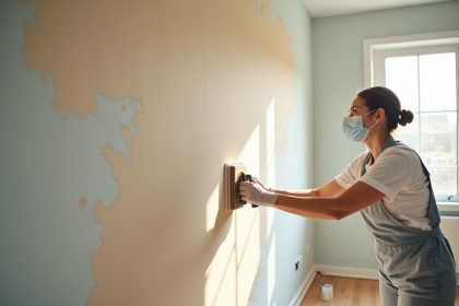 Personne ponçant un mur de salon avec outils et lumière naturelle