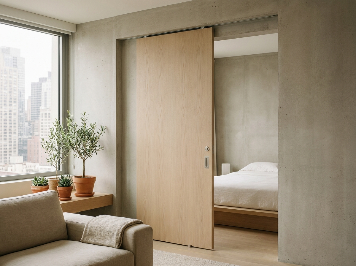 Porte coulissante en bois clair dans un petit appartement moderne avec vue sur la chambre et décoration minimaliste