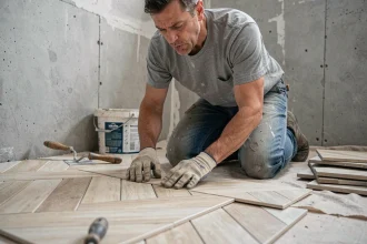 Homme en train de poser un carrelage en chevron dans une salle de bain en rénovation, avec truelle et colle à carrelage