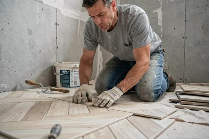 Homme en train de poser un carrelage en chevron dans une salle de bain en rénovation, avec truelle et colle à carrelage