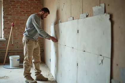 Ouvrier appliquant de la colle sur une plaque d'isolation thermique contre un mur en briques lors d'une rénovation intérieure