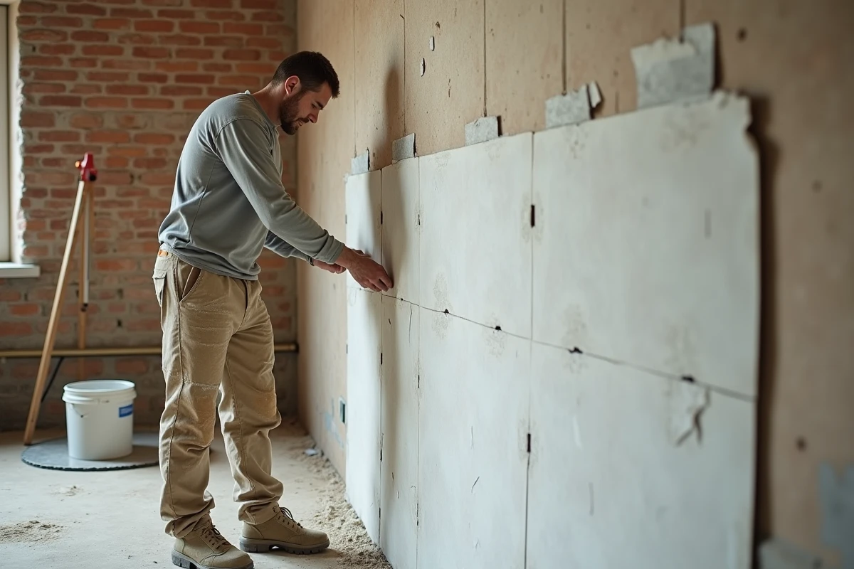 Ouvrier appliquant de la colle sur une plaque d'isolation thermique contre un mur en briques lors d'une rénovation intérieure