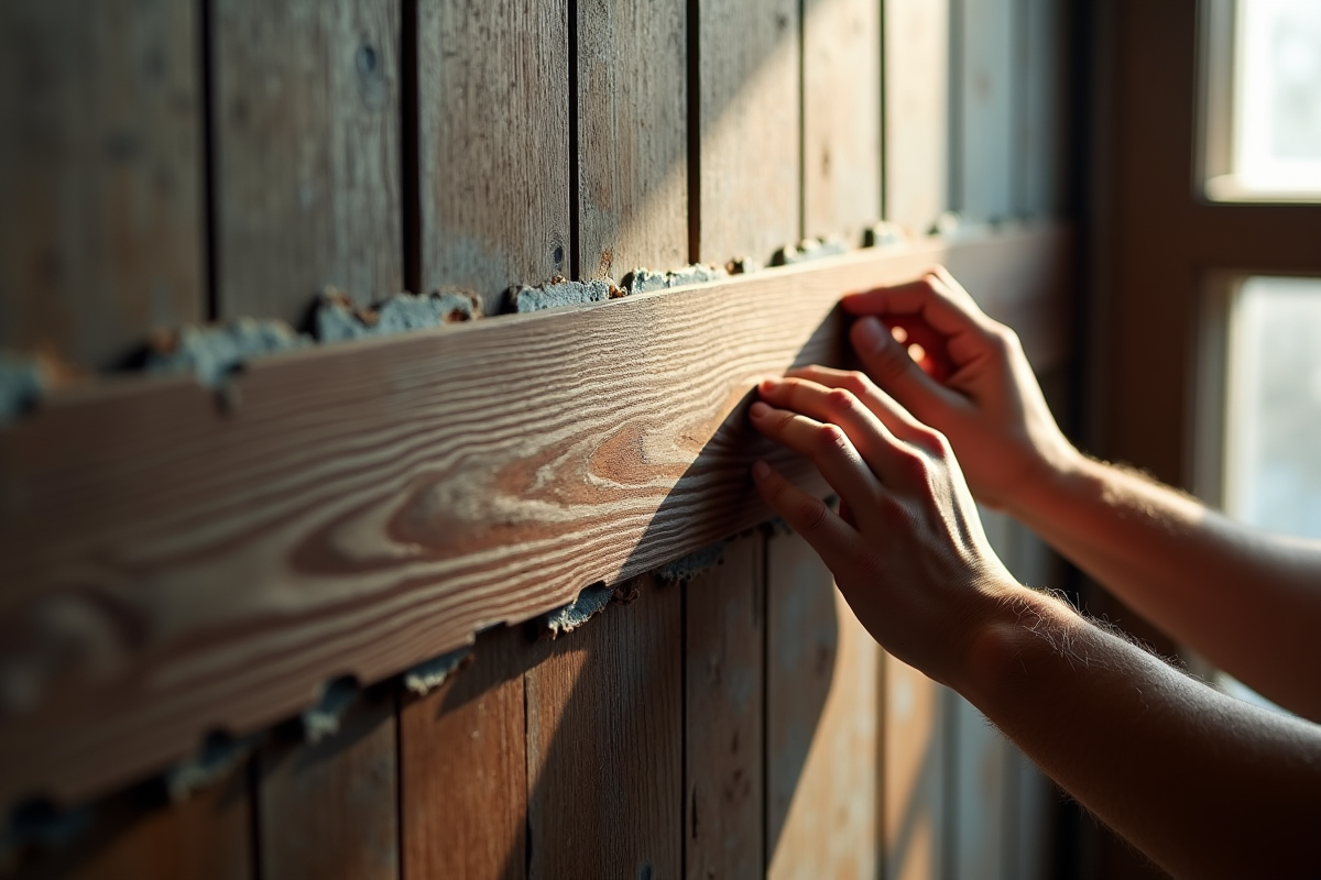Mains d’un artisan installant des panneaux décoratifs sur un vieux mur en bois