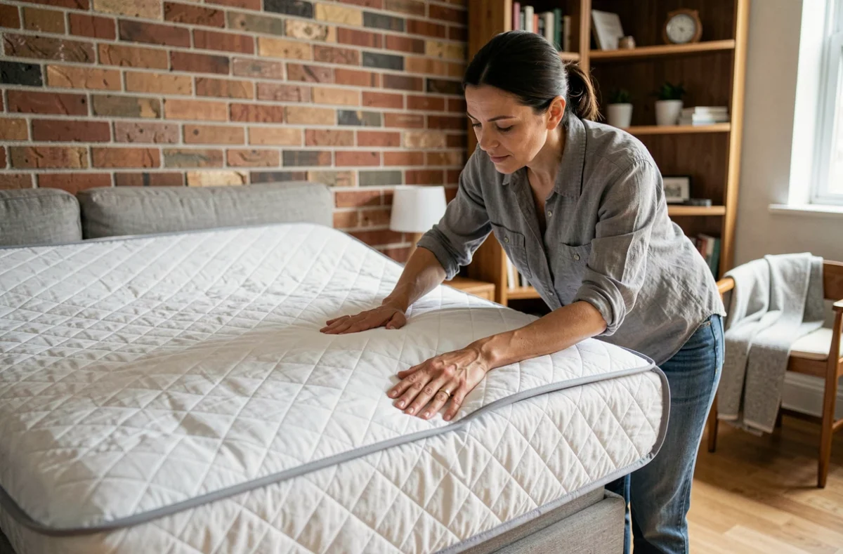 Femme installant une housse matelassée sur un clic clac dans un appartement de location courte durée