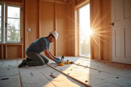 ouvrier posant isolation dans maison moderne